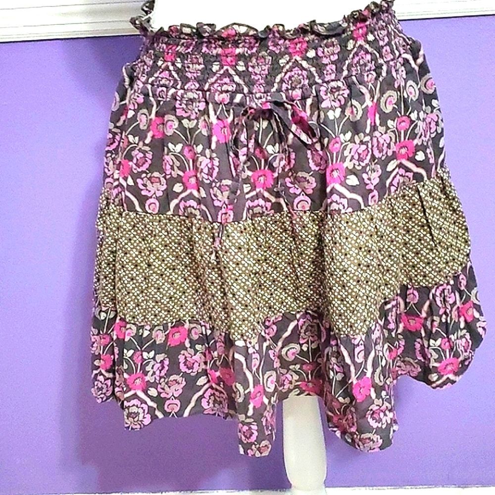 Mixed Pattern Boho Praire Brown & Pink Smocking Tiered Layered Mini Skirt L
